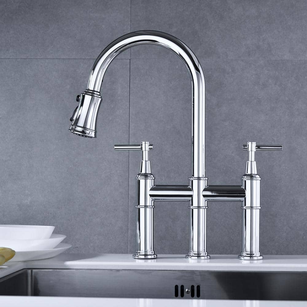 Double Handle 3 Holes Solid Brass Bridge Kitchen Faucet 1.8 GPM with Pull-D