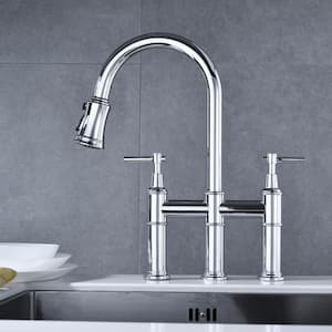 Double Handle 3 Holes Solid Brass Bridge Kitchen Faucet 1.8 GPM with Pull-Down Sprayhead in Spot in Chrome