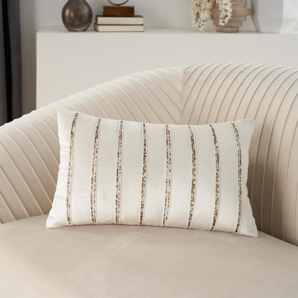 Ivory Beaded Striped Cotton Blend Lumbar Pillow