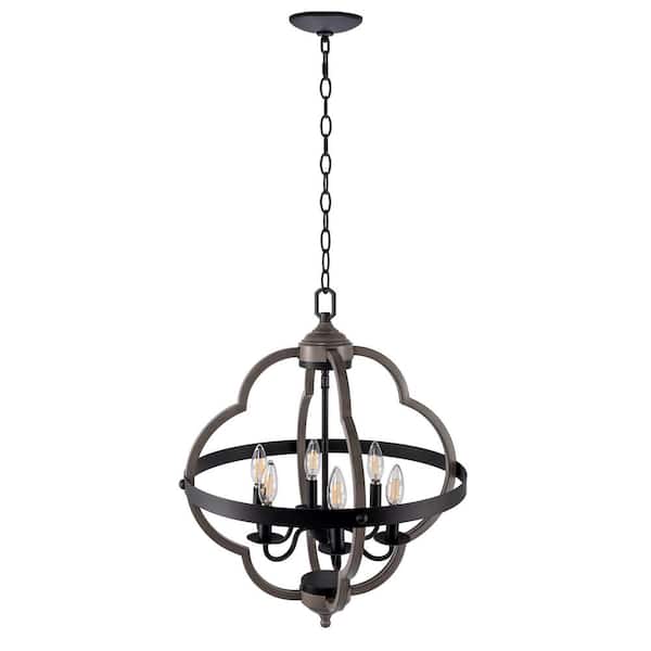 PUDO 20 in. Matte Black 6-Light Farmhouse Modren Pendant Light with Barnwood Accents