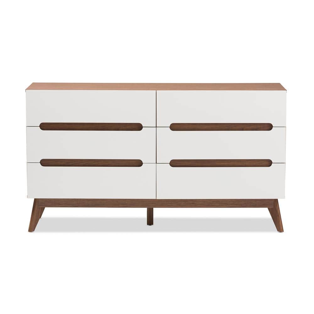 Calypso Mid-Century White and Walnut 6-Drawer Dresser