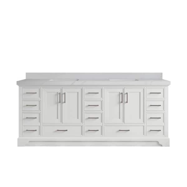 Charlotte 84 in. Double Sink Freestanding White Bath Vanity with Calacatta Sienna Qt. Top Unassembled