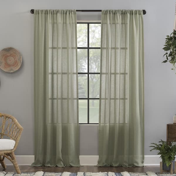 CLEAN WINDOW Cyon Celadon Green Linen Blend 52 in. W x 84 in. L Rod Pocket Sheer Curtain (Single Panel)