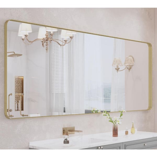 84 in. W x 32 in. H Large Rectangular Framed Wall Mounted Bathroom Vanity Mirror in Brushed Gold