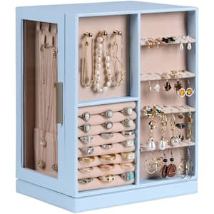 11.3 in. Sky Blue Rectangle Wood Vertical 360 Degree Rotating Jewelry Box, Leather Jewelry Organizer with 6 Drawers