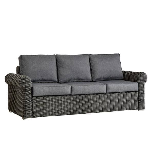 HomeSullivan Camari Charcoal Rolled Arm Wicker Outdoor Sofa with Gray Cushion