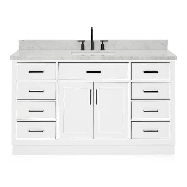 Hepburn 60 in. W x 22 in. D x 36 in. H Single Freestanding in White Bath Vanity with Carrara White Marble Top