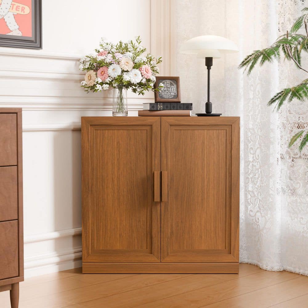 Walnut Wooden 31 in. H Storage Cabinet with Adjustable Shelves China Cabinet Display Cabinet