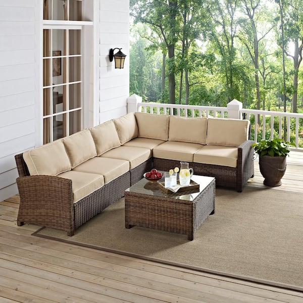 CROSLEY FURNITURE Bradenton 5-Piece Wicker Outdoor Sectional Set with Sand Cushions
