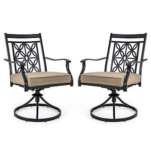 Black Metal Outdoor Dining Chair with Beige Cushion 2-Pack
