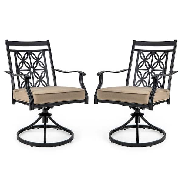 Costway Black Metal Outdoor Dining Chair with Beige Cushion 2-Pack