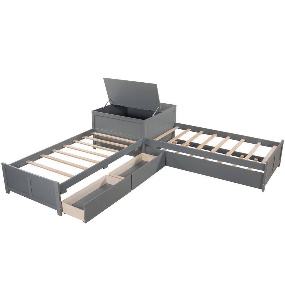 ANBAZAR Gray L-shaped Platform Bed with Trundle and 2 Drawers, Twin Size  Wood Kids Bed Daybed Frame with Built-in Square Table 00985ANNA - The Home  