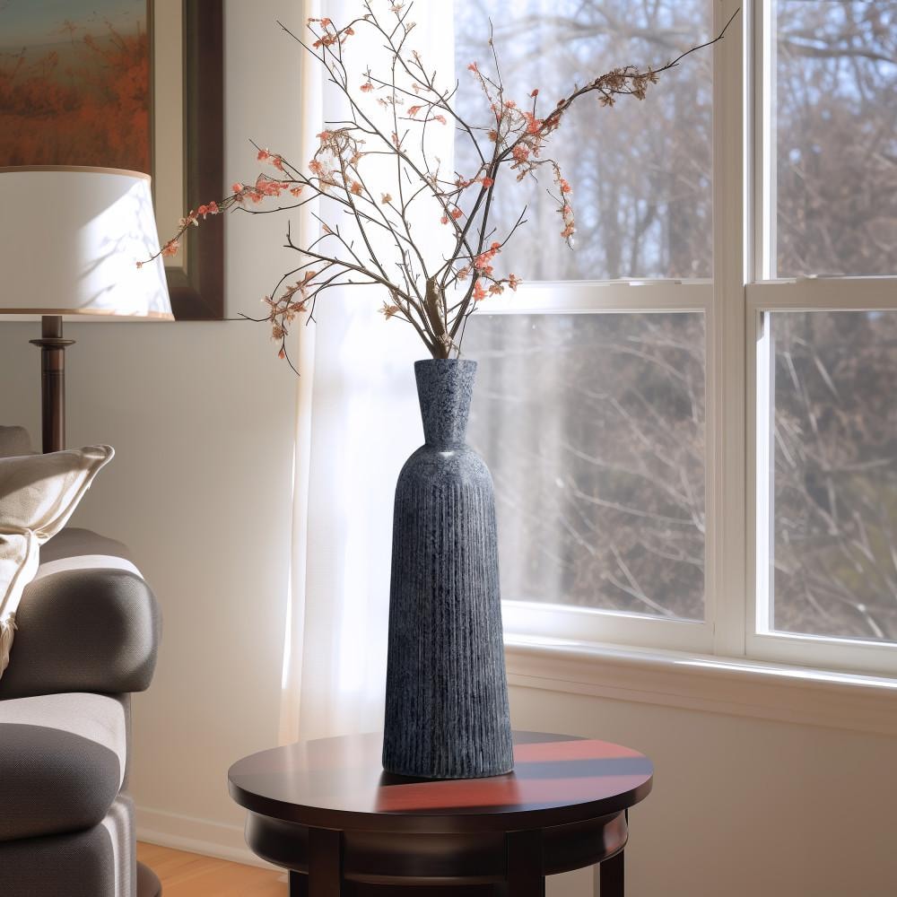 Tall Blue Grooved Glass Vase for Floral Arrangements