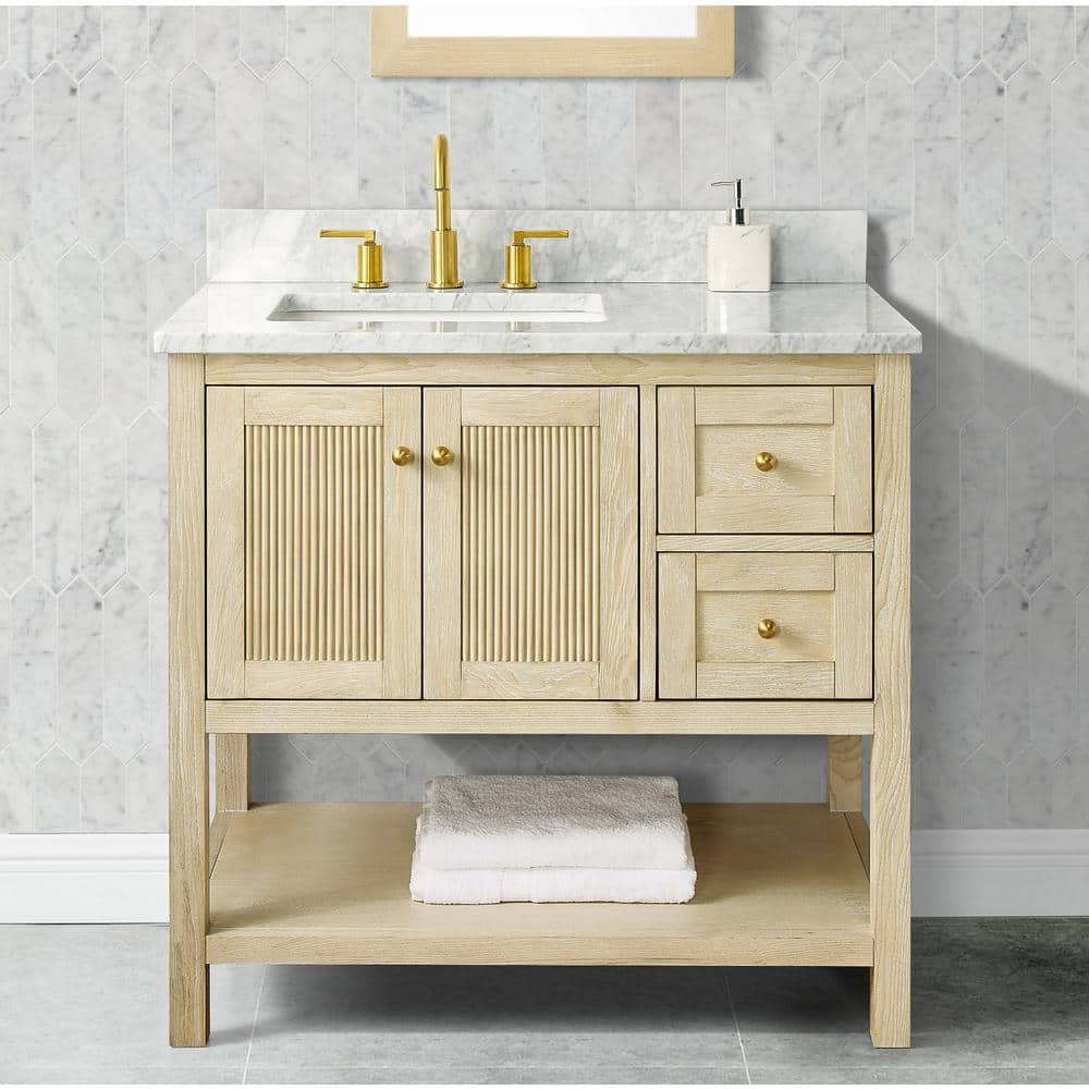 Arcott 37 in W x 22 in D x 35 in H Single Sink Fluted Bath Vanity in Natural Wood With Carrara Marble Top -  Home Decorators Collection, TH1049