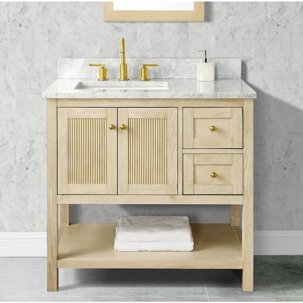 Home Decorators Collection Arcott 37 in W x 22 in D x 35 in H Single Sink Fluted Bath Vanity in Natural Wood With Carrara Marble Top