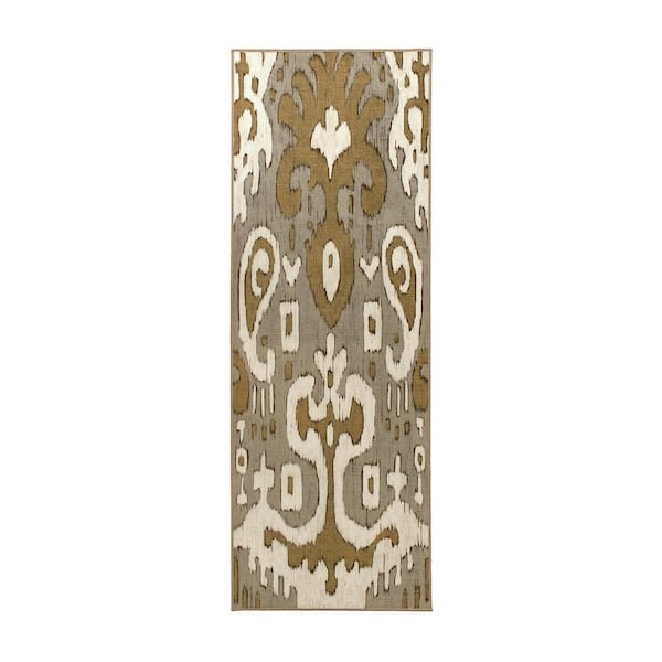 My Magic Carpet Ochre Ikat Grey/Gold Ikat Washable 2.5 ft. x 7 ft. Runner Rug