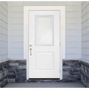 Legacy 32 in. x 80 in. Left-Hand/Outswing Half Lite Clear Glass Mini-Blind White Primed Fiberglass Prehung Front Door