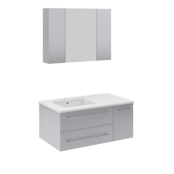 Fresca Lucera 36 in. Single Sink Wall Mount Gray Bath Vanity with White Quartz Top, Undermount Left Sink and Medicine Cabinet
