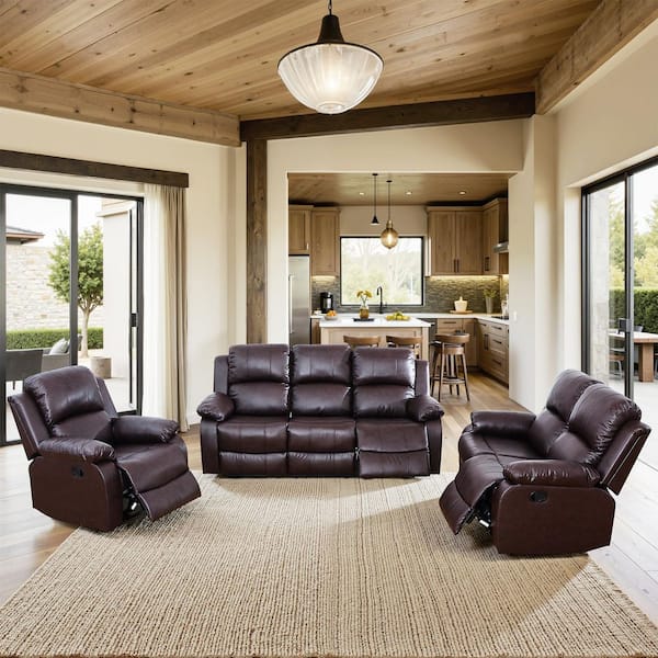 170 in. Overall Pillow Top Arm Leather Rectangle Recliner Sofa Set in Brown, 6-Seats Sectional Couch for Living Room