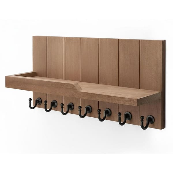 15 in. W x 3.5 in. D Brown Wood Decorative Wall Shelf Key Holder Farmhouse Rustic Mail Organizer