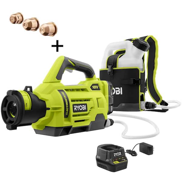 RYOBI ONE+ 18V Cordless Electrostatic 1 Gal. Sprayer w/ Extra Low/Medium/High Nozzles, (2) 2.0 Ah Batteries, and (1) Charger