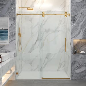 56-60.5 in. W x 76 in. H Single Sliding Frameless Smooth Sliding Shower Door in Brushed Gold with 3/8 in. Clear Glass