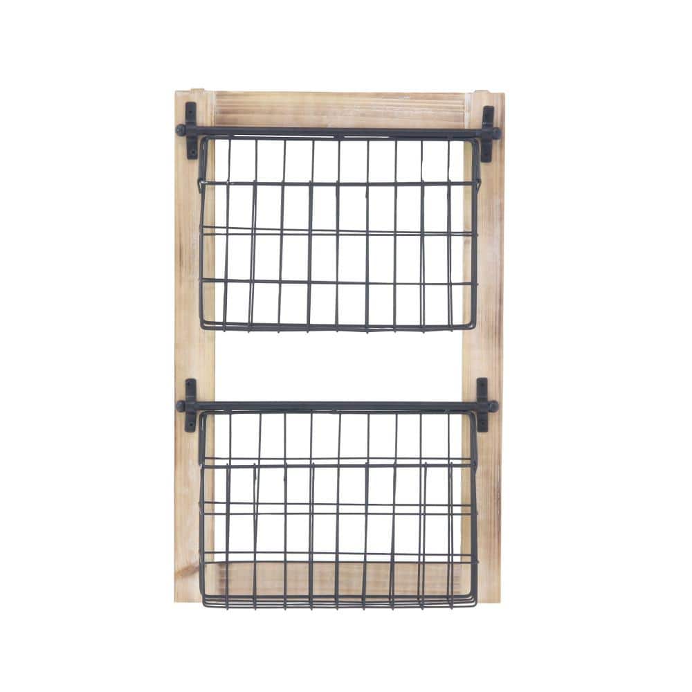 Industrial Black Metal and Wood 2-Tier Wall-Mounted Basket