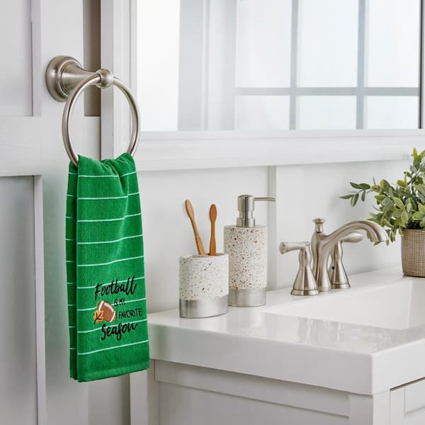 Bathroom inspiration. Green bathroom shower tile with wooden towel rack / drying  rack from Target with Turkish towels from Homegoods. #greenshowert…