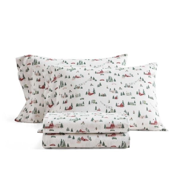 Ski Village 4-Piece White/Green Flannel Cotton King Sheet Set