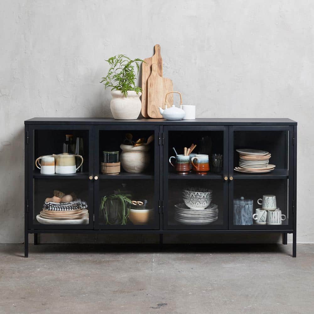 67" Black Metal and Glass 4-Door Sideboard