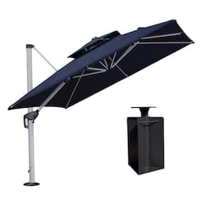 9 ft. Square High-Quality Aluminum Cantilever Polyester Outdoor Patio Umbrella with Base in Ground, Navy Blue