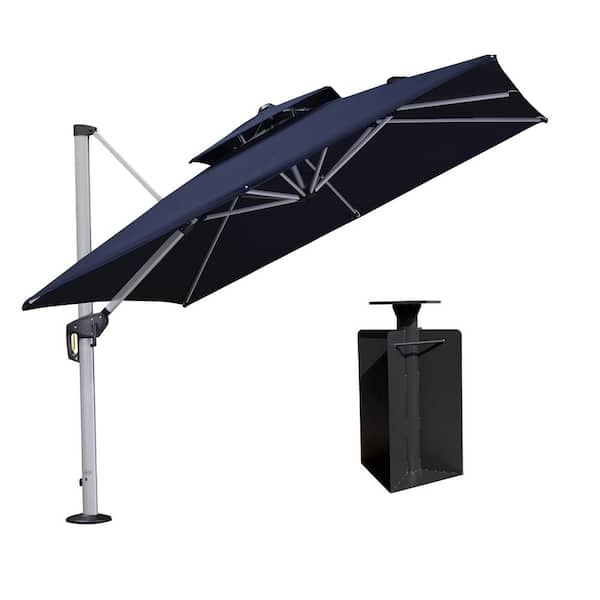 PURPLE LEAF 9 ft. Square High-Quality Aluminum Cantilever Polyester Outdoor Patio Umbrella with Base in Ground, Navy Blue