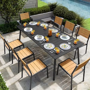 82.3 in. Black Rectangular Aluminum Outdoor Patio Dining Table with Wood-Like Tabletop