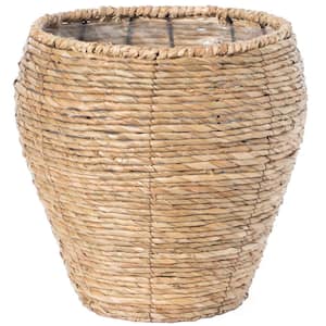 Medium Cattail Leaf Woven Round Flower Pot Planter Basket with Leak-Proof Plastic Lining