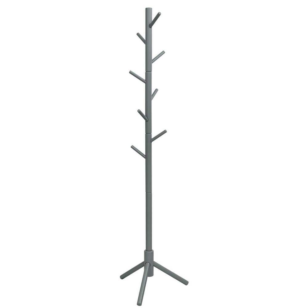 Gray Wooden Coat Rack Stand Hall Tree Entryway Organizer 2-Heights with 8-H