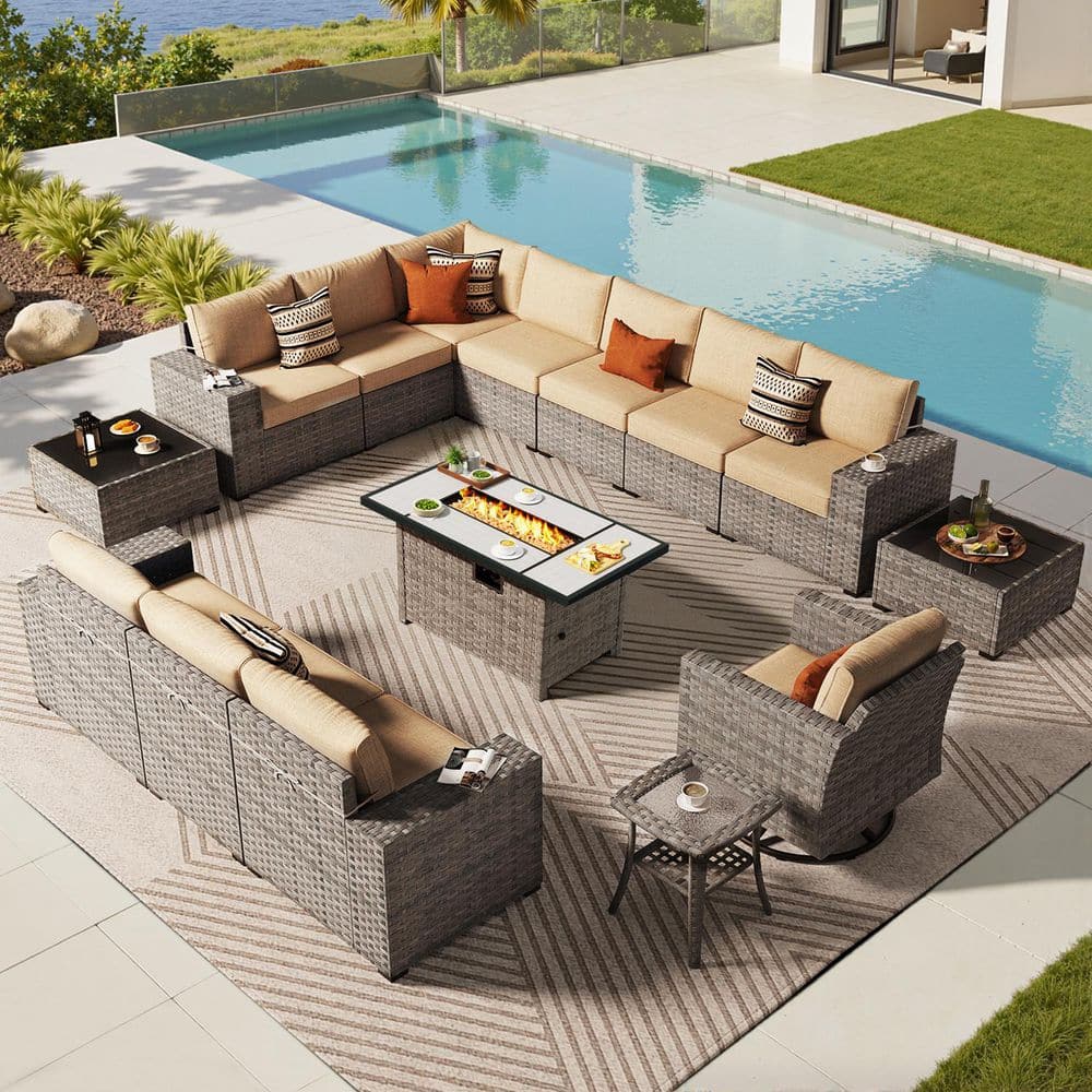 Meraki 15 Pieces Wicker Outdoor Patio Rectangular Fire Pit Set and Swivel Rocking Chairs with Beige Cushions price history on PriceWatchPro