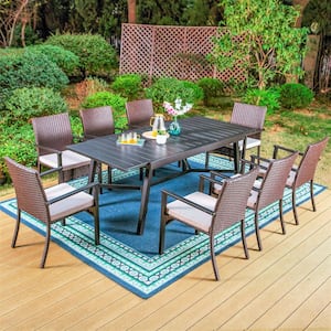 Black 9-Piece Metal Patio Outdoor Dining Set with Slat Extendable Table and Rattan Chairs with Beige Cushion