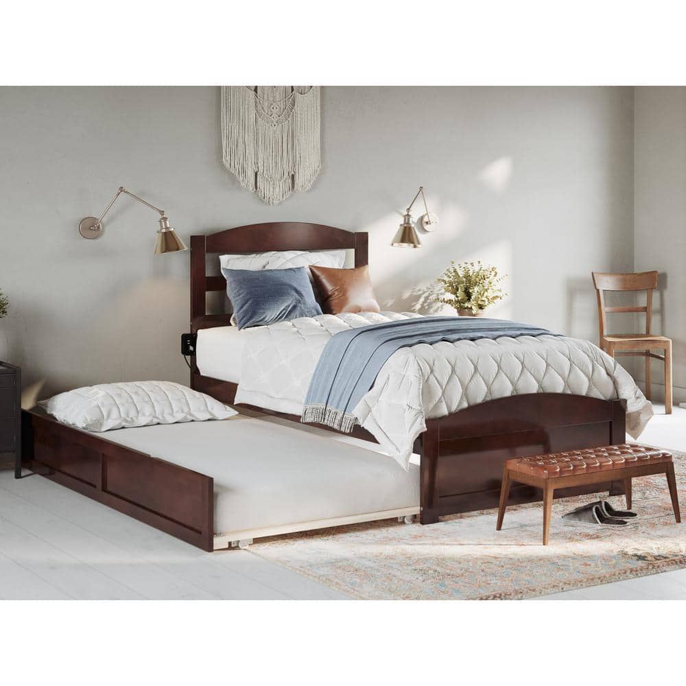 AFI Warren 38 1 4 in. W Walnut Twin Solid Wood Frame with Twin Pull Out Trundle Bed with Footboard Platform Bed AG7861224 The Home Depot