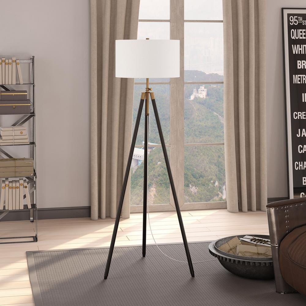 Elegant Two-Tone Tripod Floor Lamp with Linen Shade - Bronze and Brass