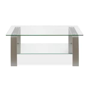 40 in. Silver Rectangle Glass Coffee Table with Shelves;Storage