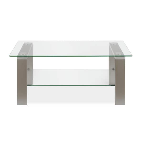 HomeRoots 40 in. Silver Rectangle Glass Coffee Table with Shelves; Storage