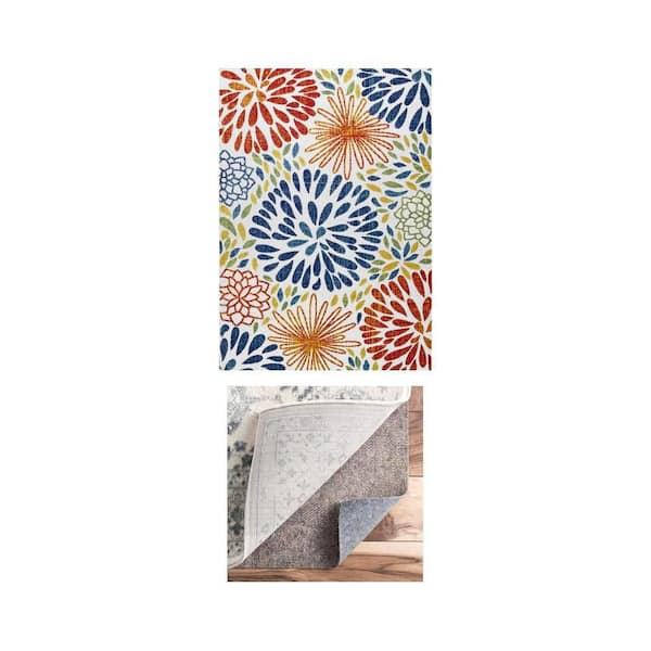 Irina Modern Bohemian Floret Multi 5 ft. x 8 ft. Indoor/Outdoor Rug with Premium 5 ft. x 8 ft. Non-Slip Rug Pad Combo