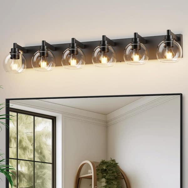 41 in. 6-Light Modern Black Bathroom Vanity Light with Clear Glass Shades