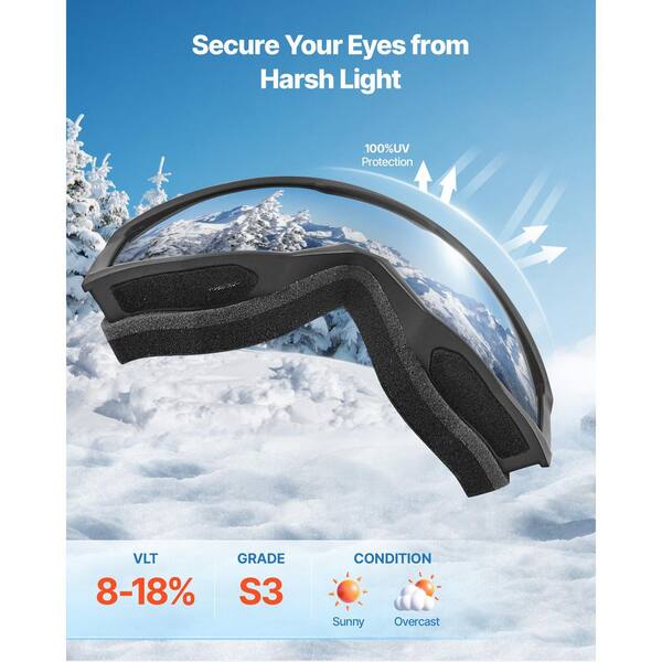 VEVOR Ski Goggles, Cylindrical Silver Mirror Lens OTG Anti-Fog