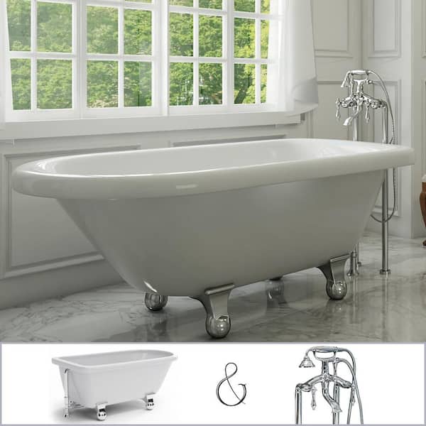 PELHAM & WHITE Highview 54 in. Acrylic Clawfoot Bathtub in White, Cannonball Feet, Floor-Mount Faucet, Drain in Polished Chrome
