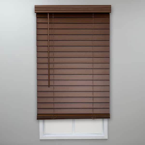 Perfect Lift Window Treatment Dark Oak Cordless Room Darkening Faux Wood Blinds with 2 in. Slats - 22.5 in. W x 64 in. L