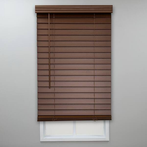 Perfect Lift Window Treatment Textured Dark Oak Cordless Room Darkening Faux Wood Blinds with 2 in. Slats - 51 in. W x 48 in. L