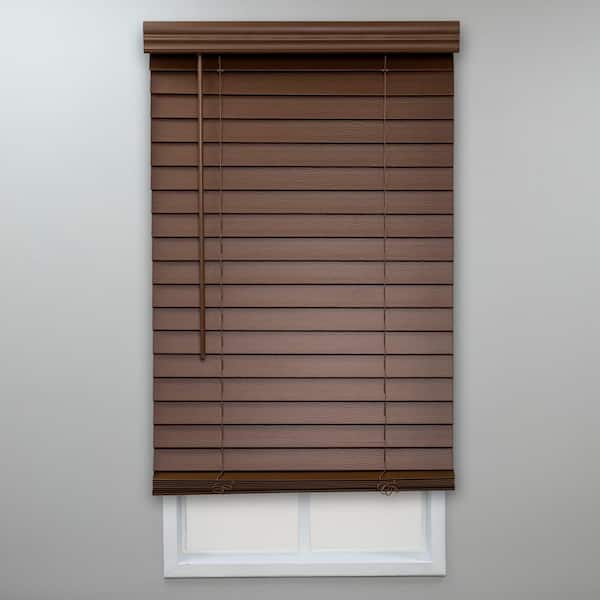 Perfect Lift Window Treatment Textured Dark Oak Cordless Room Darkening Faux Wood Blinds with 2 in. Slats - 51.5 in. W x 64 in. L
