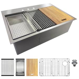 Workstation 32 in. Drop-in Single Bowl Stainless Steel 3-Hole Kitchen Sink with Accessories