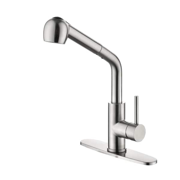 Magic Home Single Handle Gooseneck Pull Down Sprayer Kitchen Faucet with Deckplate in Brushed Nickel